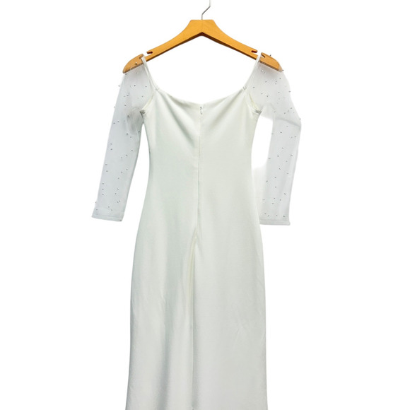 Lulus Eternally Beloved White Mesh Off-the-Shoulder Pearl Maxi Dress M NWT - Picture 2 of 10